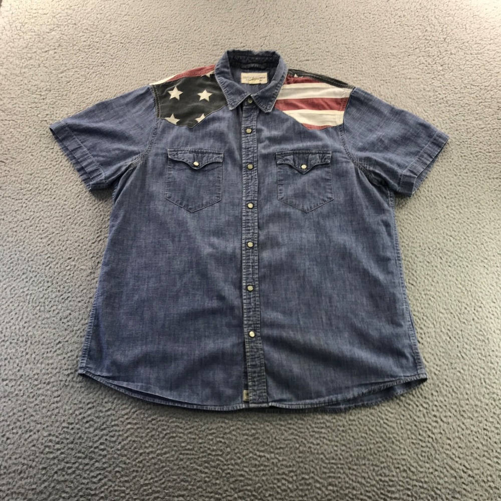 VTG Denim & Supply Ralph Lauren Shirt Mens XL Blue Denim Pearl Snap USA Flag
